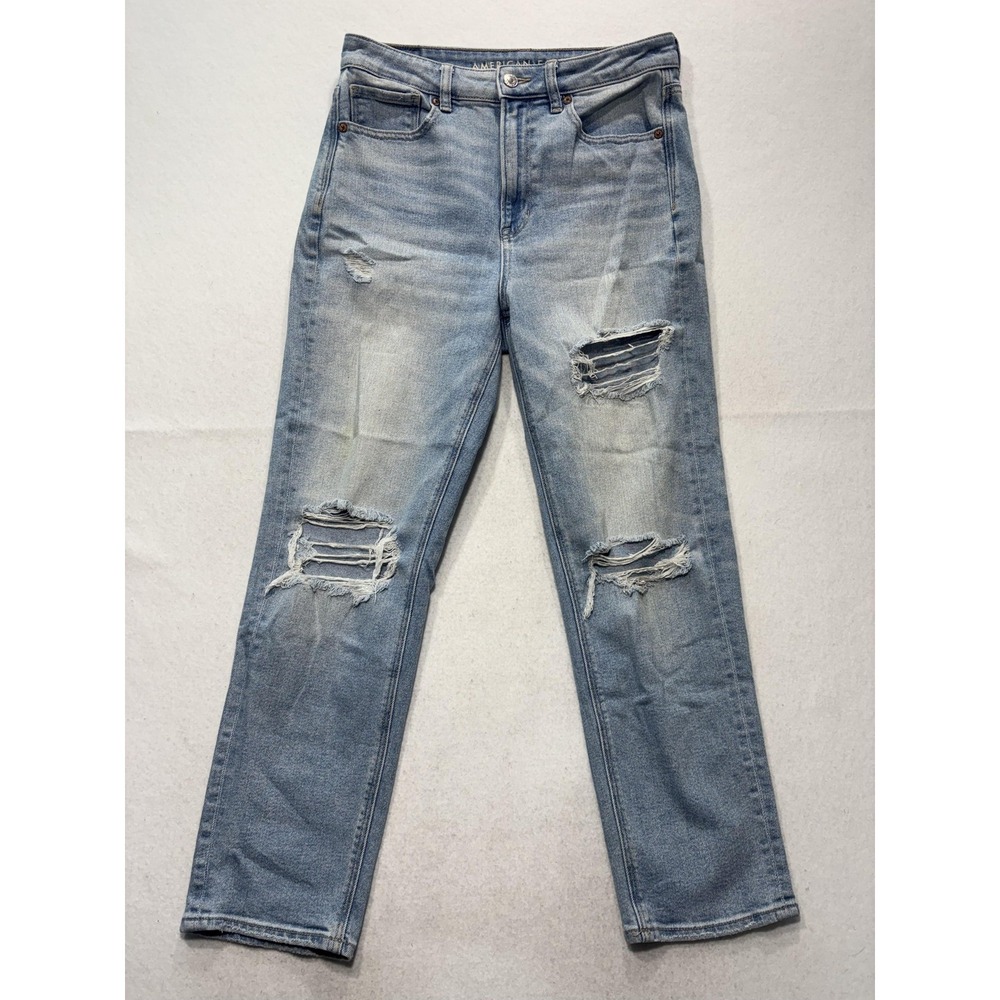 American Eagle Mom Straight Jeans Womens 6 Blue High Rise Distressed 28x28